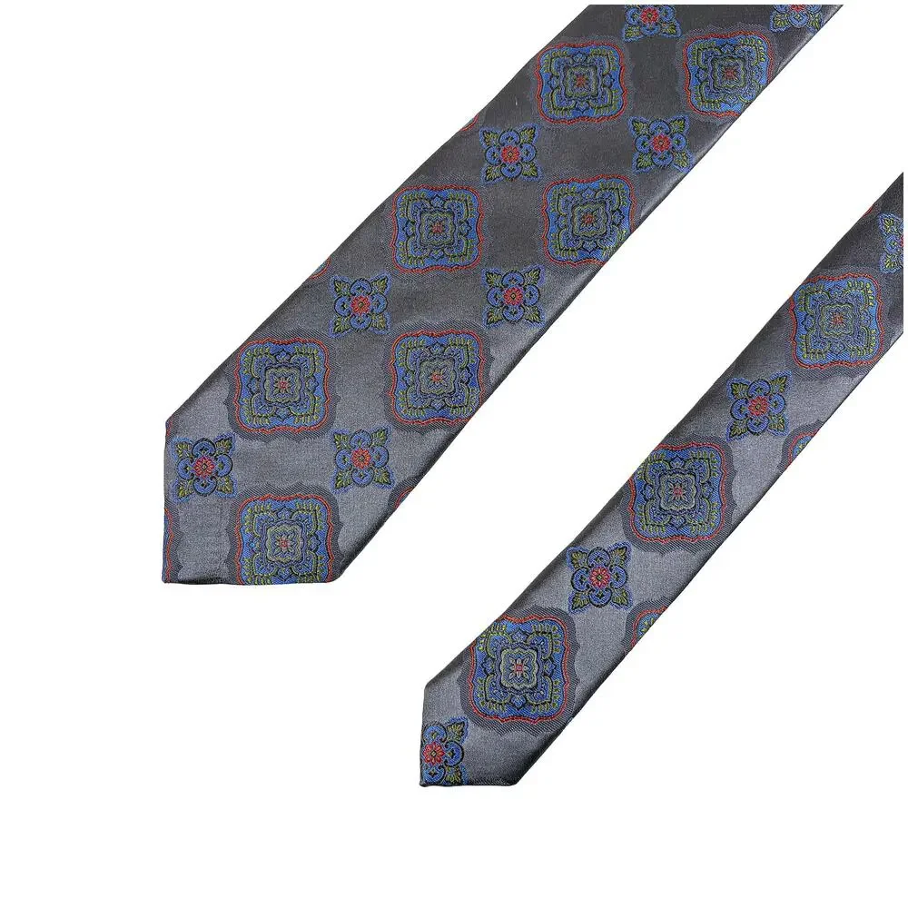 Santorelli Silk Tie Long Gray Blue Orange Green Medallion Made Italy 61